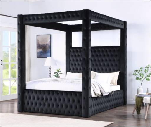 Upholstered Black Canopy Bed with Bluetooth and USB Charger